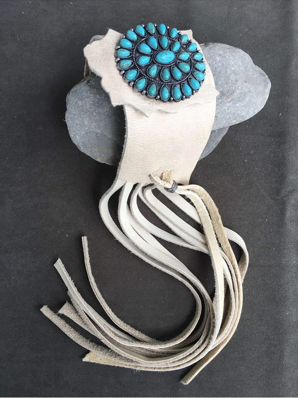 Turquoise Concho Fringe white elk soft Leather Cuff adjustable   button closure - Picture 2 of 3